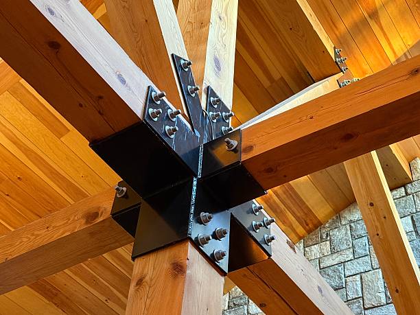 Construction of new wooden house. Beams frame close up