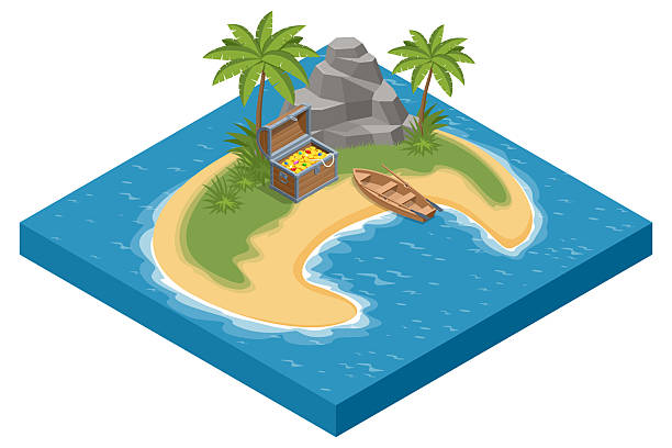 istock An Isometric scene showing a treasure map unrolled to reveal a lush island with a palm-tree-shaded treasure chest, accompanied by a wooden boat. Pirate, Sea robber, Marauder 2239755950