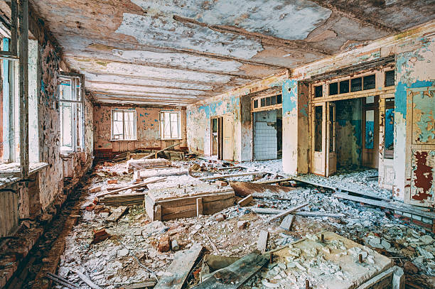 istock Dilapidated passage in school of Pripyat. Chernobyl Disaster 2239756673
