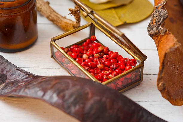 herbs and spices on white wood table