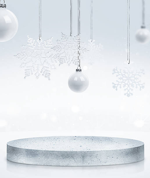 istock Minimal White Winter Podium with Hanging Snowflakes 2239760660