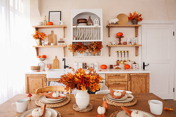 istock Beautiful autumn table setting with seasonal decor in a cozy kitchen 2239767897