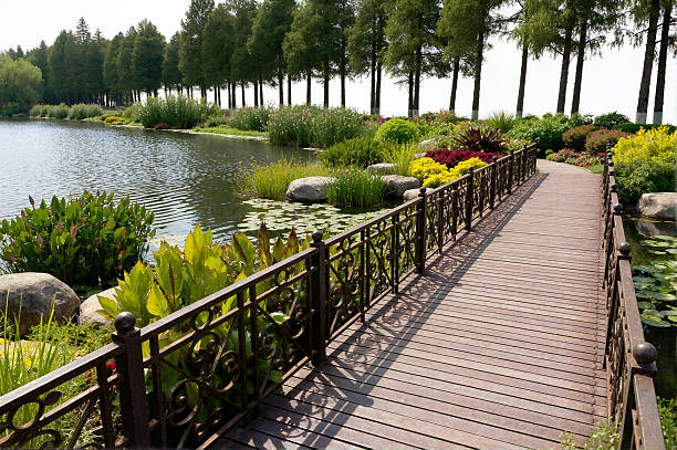 Wooden bridge over river.