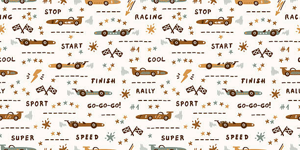 Sport Car. Toy Racing Cars Vector Seamless Pattern. Doodle Transportation Background for Kids in Earth Colors.