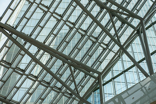 Industrial metal framework. Architectural engineering with clear panels.