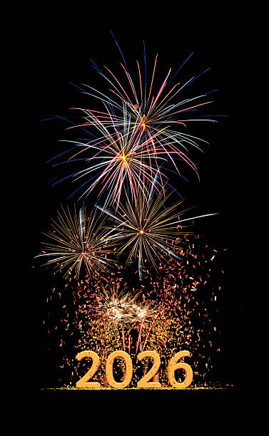 New Year 2026 - Fireworks - 3D rendering and photography on black background