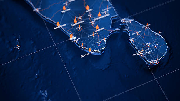 istock Thiruvananthapuram map big data visualization. Futuristic map infographic of city in India. Visual map data complexity in modern blue and orange colors 2239784424