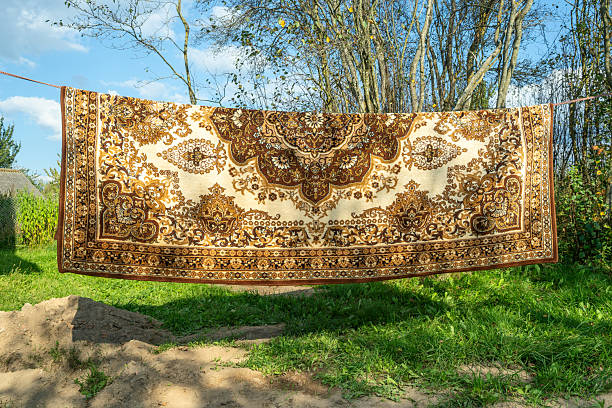 istock Machine made carpet hanging outdoors on clothesline in rural area. Synthetic decorative carpet drying in open air with geometric design and neutral colors in natural setting. 2239785497