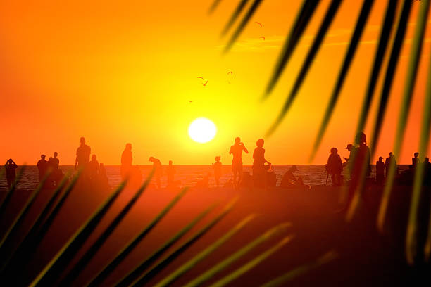 istock Silhouetted people enjoy sandy tropical beach during sunset 2239788753