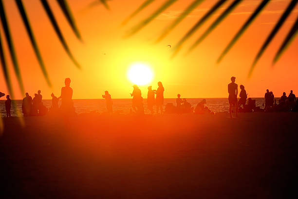 istock Silhouetted people enjoy sandy tropical beach during sunset 2239788766