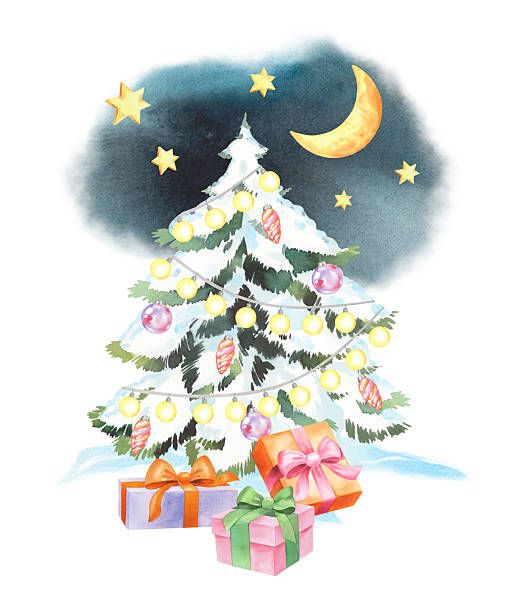 istock Decorated christmas tree with the gifts on the night background. For fabric, wallpaper, packing paper, greeting cards, design, decoration and illustration. 2239791727