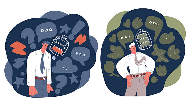 istock Cartoon Vector Illustration of an Exhausted Worker and a Vibrant Individual with Full and Empty Battery Icons 2239797529