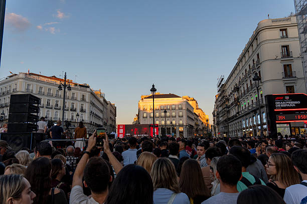 Madrid Spain on September 23, 2025. The puerta del Sol square is the crossroads of the capital's busiest thoroughfares, including Alcalá, Arenal, and the bustling shopping street of Preciados. Sunset view awaiting the first concert of singer Pablo Alboran's tour.