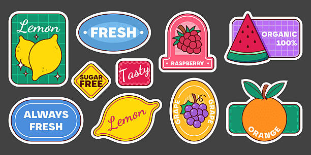 Colorful retro labels with fruit designs of lemon and raspberry, grape and orange sticker badges for packaging or branding. Fresh organic text with vintage patterns. Food product marketing elements.