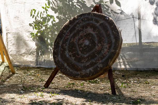 istock A rustic wooden axe throwing target with visible impact marks standing outdoors on a bright sunny day in a grassy area 2239804078