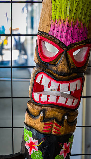 Close up of a colorful wooden Tiki mask
