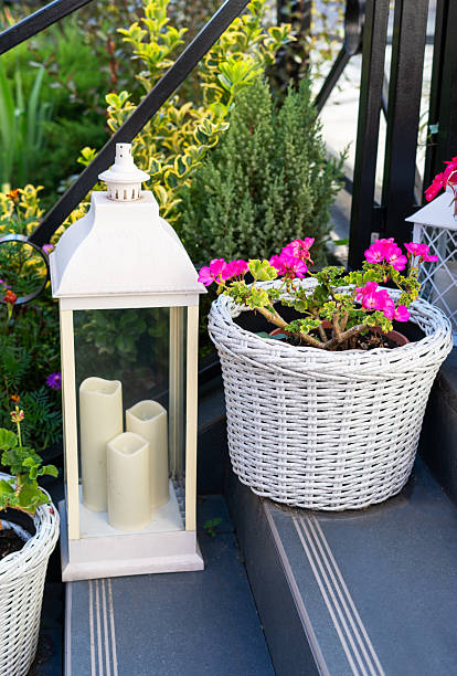 Decorative lantern with candles beside a white wicker planter filled with vibrant pink flowers petunias , set against lush garden backdrop, creating a serene outdoor ambiance, landscaping and greenery