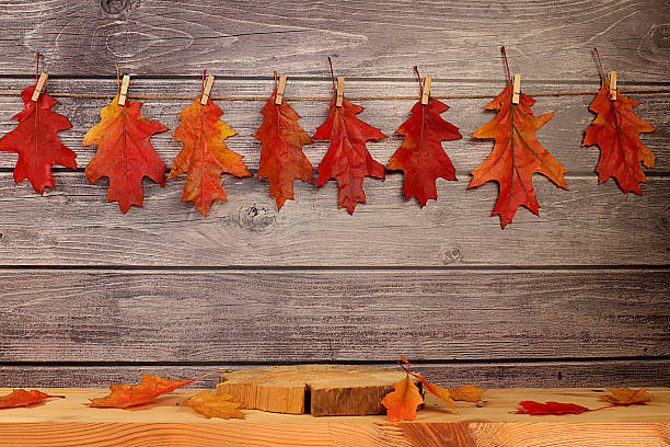 istock Empty wooden product display table with maple leaves on kitchen background, minimalist autumn concept, creative autumn composition and banner for display. Happy Thanksgiving greeting card. 2239823527