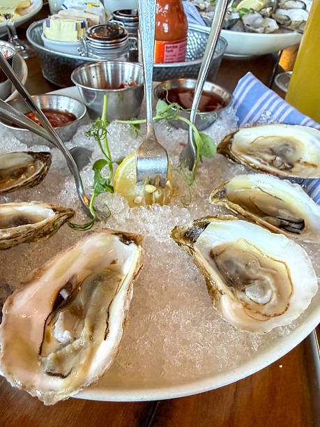 istock Fresh raw oysters on ice with lemon and dipping sauces 2239828777