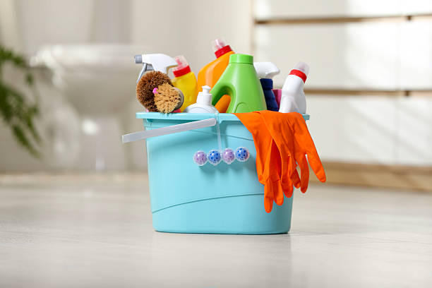 istock Bucket with different cleaning supplies on floor in bathroom 2239830749