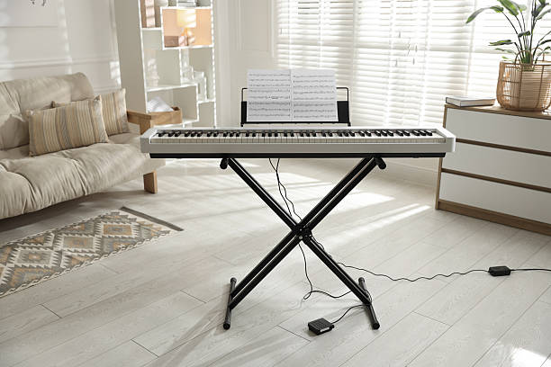 istock Synthesizer with music sheets indoors. Electronic musical instrument 2239831383