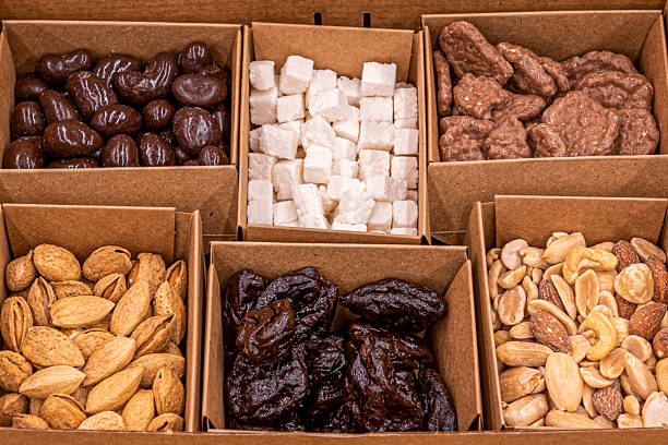 An appetizer of nuts, chocolates, bonbons and candies