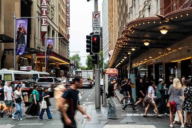 Pedestrians at the intesection of Market and Pitts Streets in Sydney, Australia on February 8, 2025.