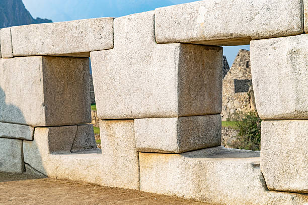 Ancient stone inca wall with perfectly cut windows viewing old archaeological ruins