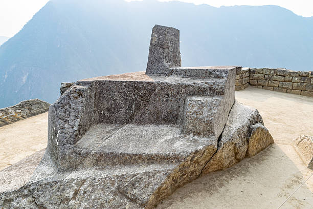 Intihuatana stone sundial creating shadows at the ancient inca city of machu picchu