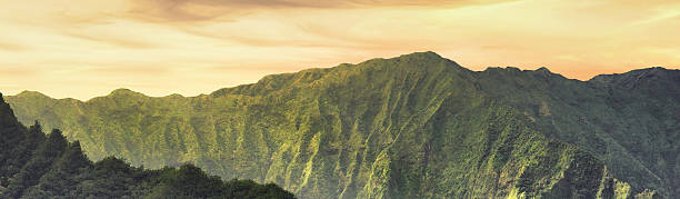 Witness the grandeur of Oahu's verdant mountains basking under the golden hues of dusk. This stunning Hawaiian landscape showcases vibrant greenery and a serene atmosphere, perfect for nature enthusiasts and adventure seekers.