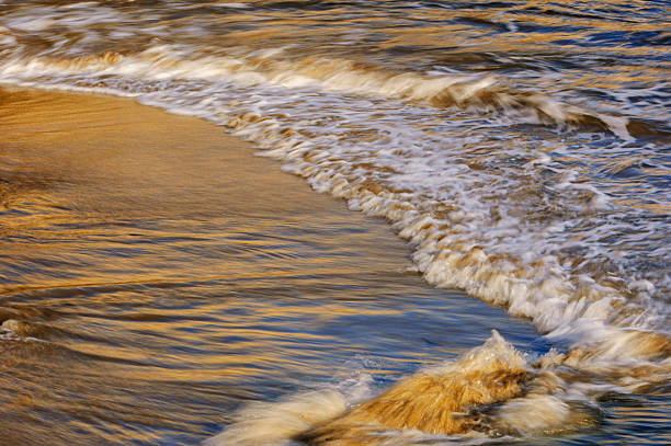 Close-up rolling ocean waves moving over a sunset drenched sandy beach.Taken in Santa Cruz, California, USA