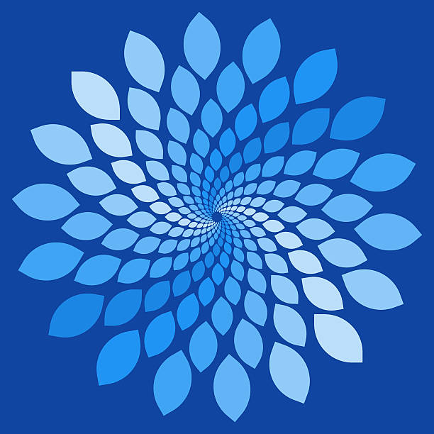 Abstract blue floral spiral pattern made of gradient petal shapes, inspired by nature and mandala design, creating a dynamic and harmonious optical effect.