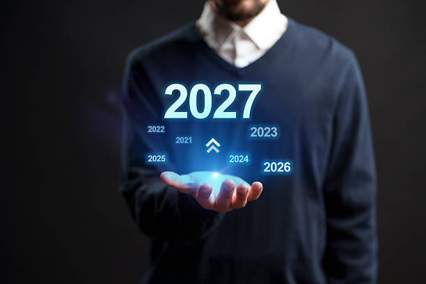 istock Future timeline prediction displayed in a hand with focus on the year 2027 2239868983