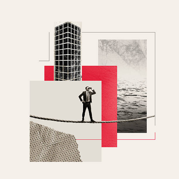 Creative collage with a businessman stands with binoculars and balances on a tightrope between geometric shapes, symbolizing balance, risk and decision making in modern business.