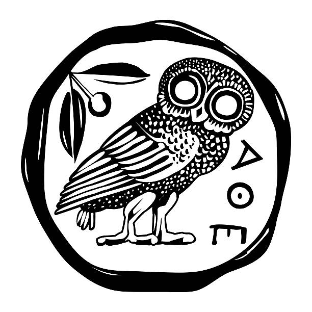 Ancient Greek coin with owl and branch of olive tree. Athenian silver tetradrachm. Antique symbol, silver coin tetra drachma. Vintage symbol of owl in Athens coin. Black and white.  Vector illustration