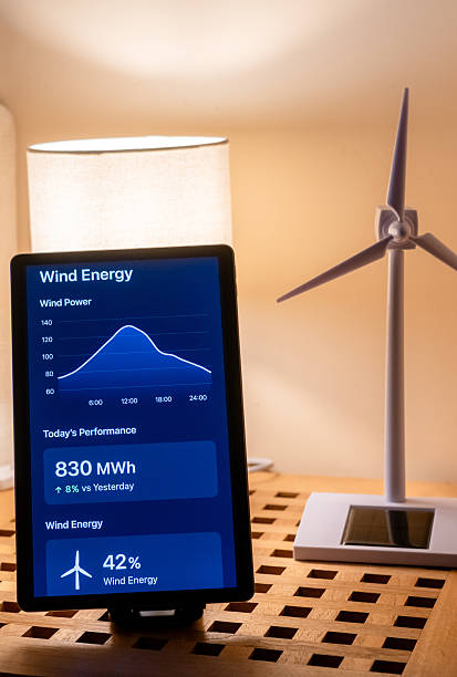 istock Tablet screen showing real-time wind energy performance data and a miniature wind turbine model representing renewable power and sustainable home energy management 2239883938