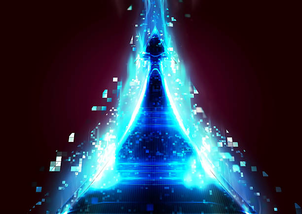 3d illustration of abstract blue light arrow pointing upwards in technology concept