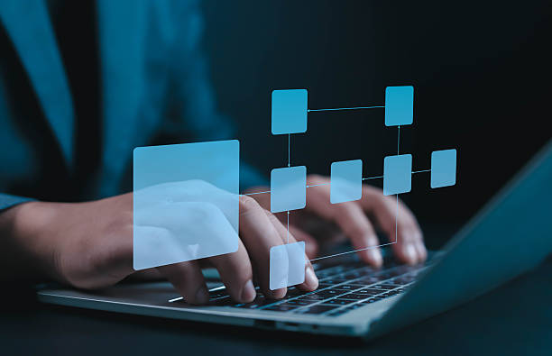 istock Business process management concept showing person working on laptop with digital flowchart interface, representing workflow planning, data organization, project management, and corporate strategy. 2239888804