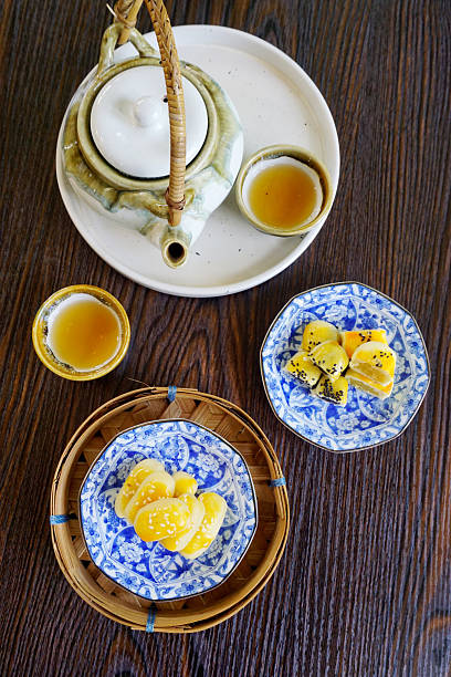 Chinese pastry dessert (Fresh milk mooncakes) with tea, Top view