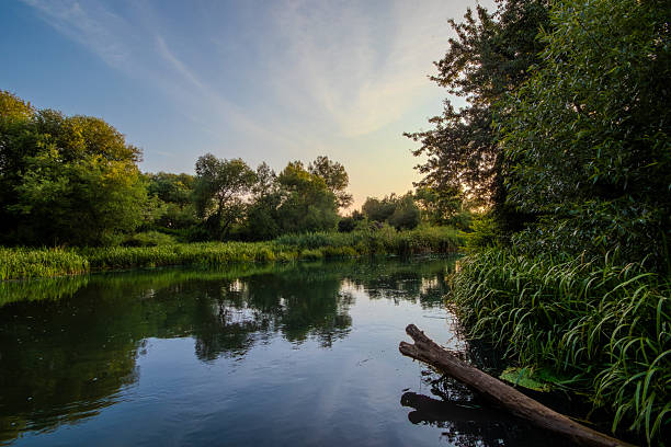 This beautiful, peaceful landscape features a calm river that reflects its serene and tranquil surroundings perfectly