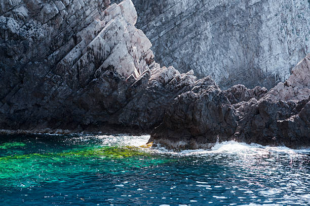 Capri, Italy - 04.29.2025: View of the beautiful cliffs of the coast of the island of Capri; light blue-green sea water near the shore.