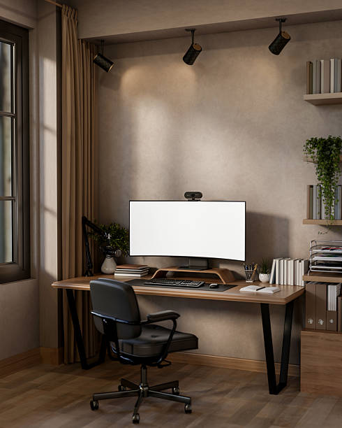 istock White curved screen computer with webcam and podcast microphone on wooden table in bedroom or office 2239898867