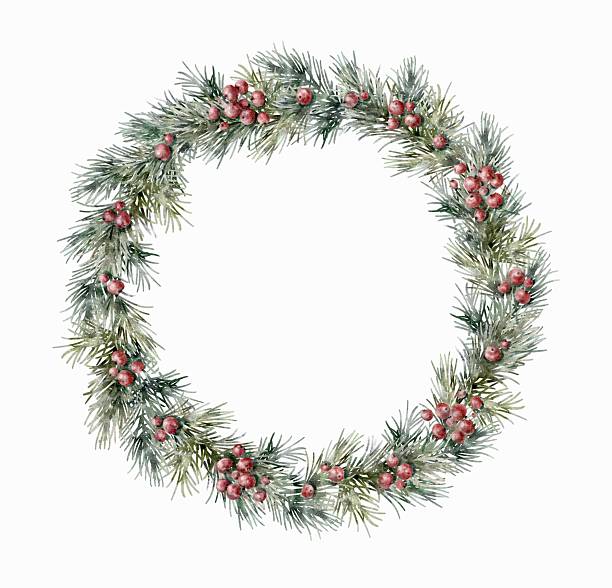istock Watercolor Christmas wreath with red berries and fir branches. 2239899367