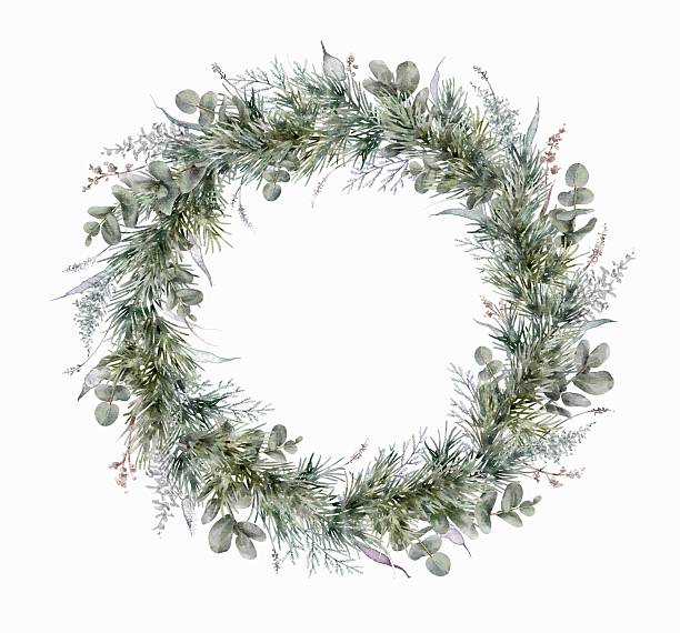 istock Watercolor Christmas wreath with eucalyptus, fir branches and herbs. Christmas decor. 2239900586