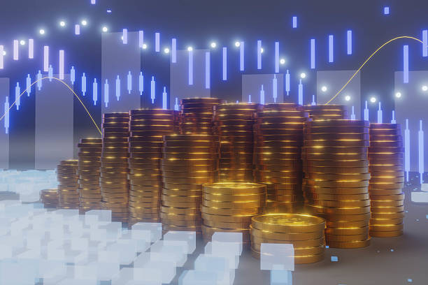 istock Stack of shiny dollar coins, abstract business charts on blue backdrop. 2239907147
