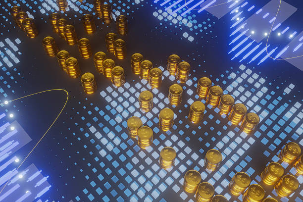 istock Gold coins with embossed dollar icon, abstract trading graphs behind. 2239907158