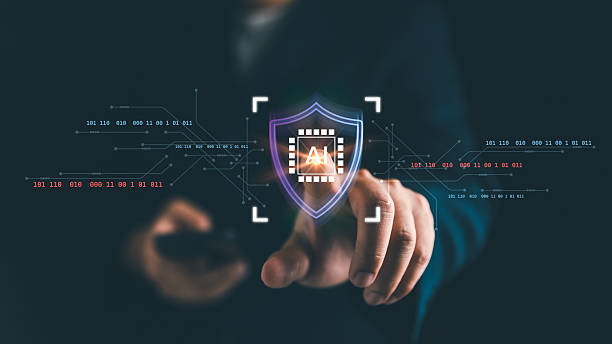 istock Cybersecurity concept with AI technology protection. Businessman touching virtual shield icon with artificial intelligence chip symbol, representing data security, privacy, and digital defense 2239909368
