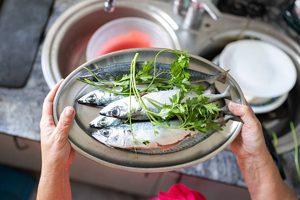 Woman's hands holding a metal tray of fresh mackerel with parsley over a kitchen sink, preparing and cleaning fish for a healthy home-cooked seafood meal in natural light