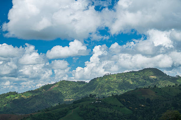 Wide-angle view of a chain of vibrant green mountains and hills under a clear blue sky dotted with scattered white cumulus clouds. Represents travel, vacation, tropical highlands, and peaceful natural settings.