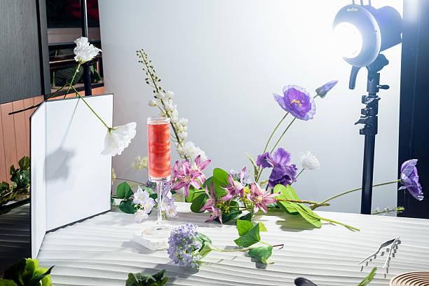 Delicious food placed in front of a reflector in a studio